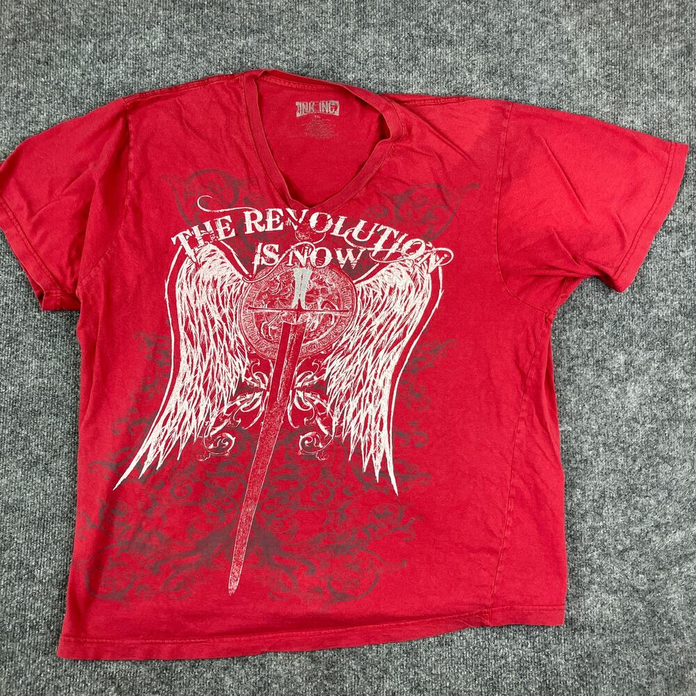 Ink Inc‎ T-Shirt Mens XXL Red V-Neck Graphic Sword Wings Gothic Distressed